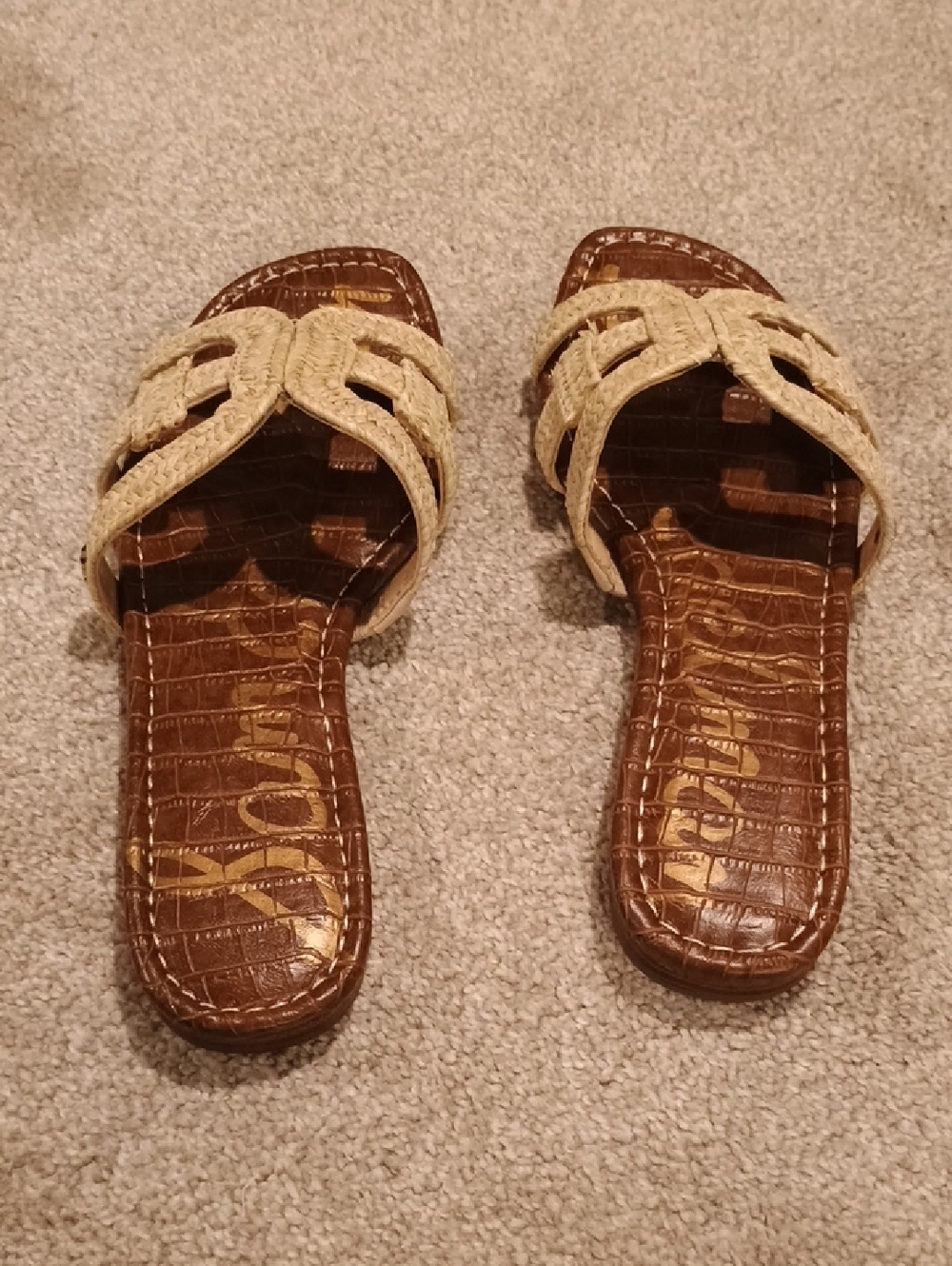 Sam Edelman Braided Natural Strap Slide Sandals with Brown Croc-Embossed Footbed